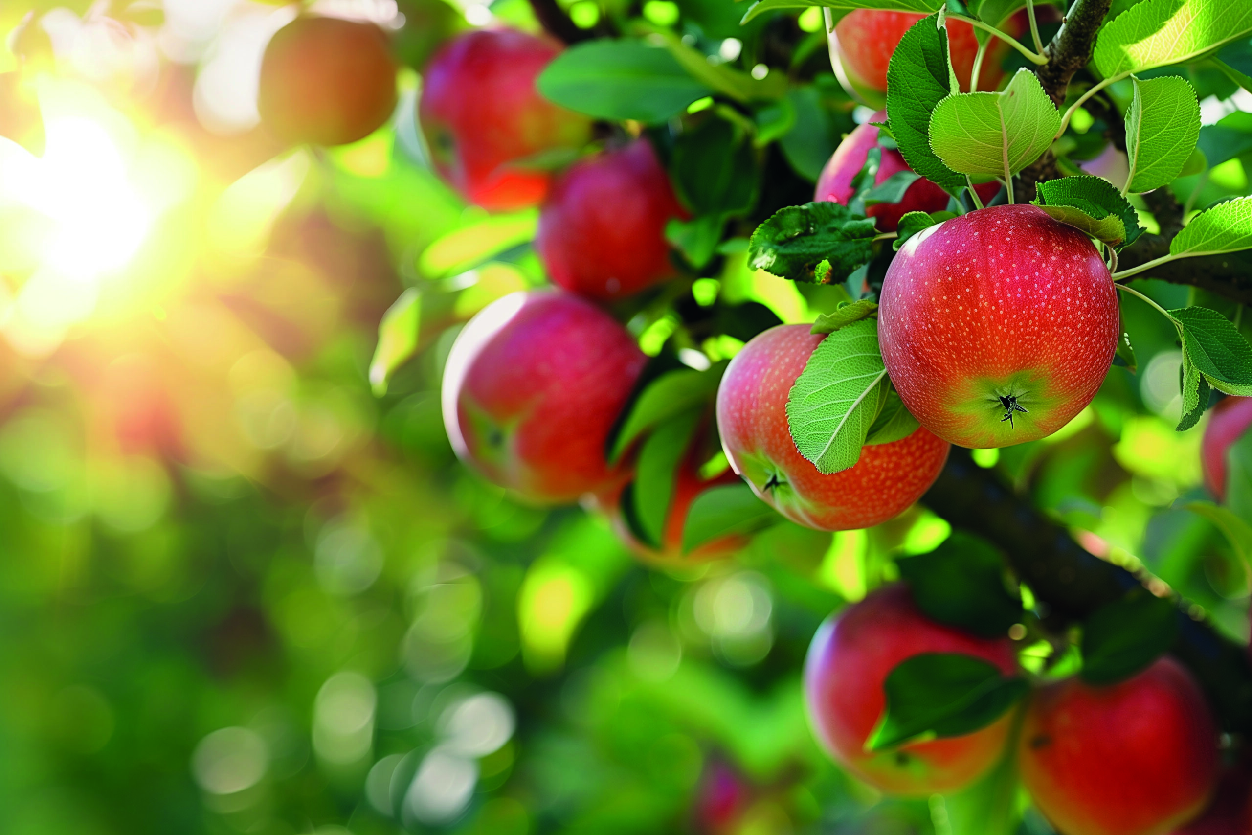 Sunlit Red Apples on a Tree Branch